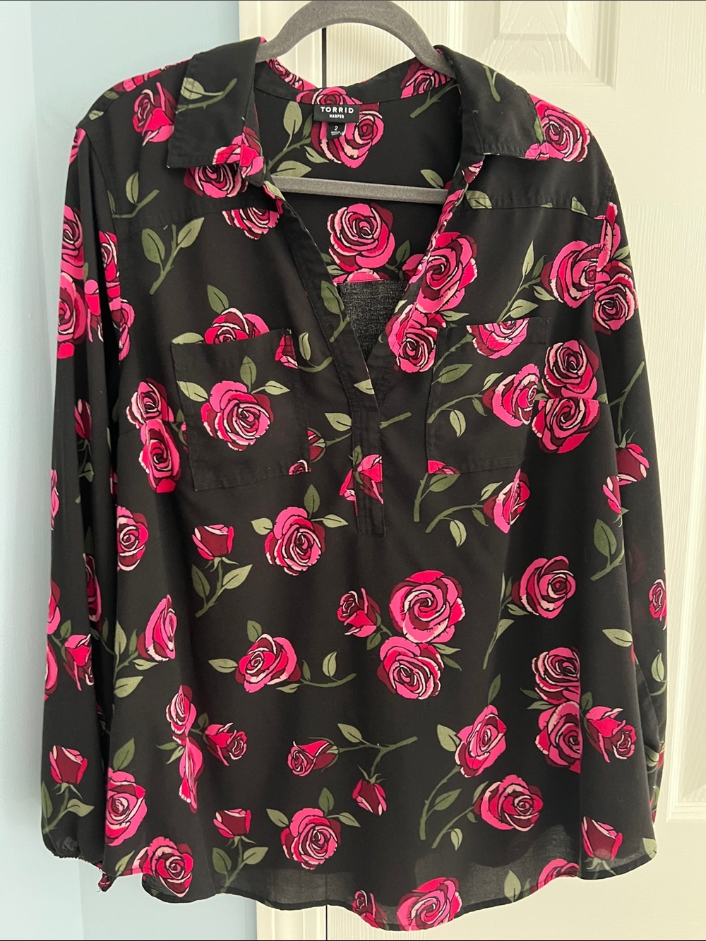 torrid Black Blouse with Hot Pink Rose Print